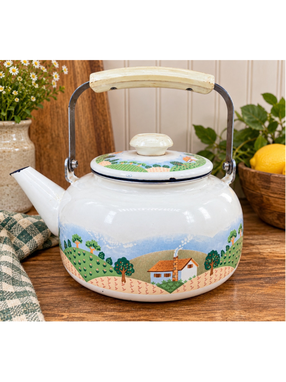 1980s Vintage Enamel Tea Kettle White Cottage Landscape Farmhouse Stovetop